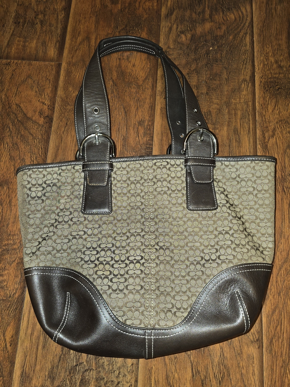 Coach Signature Canvas and Dark Brown Leather Tote